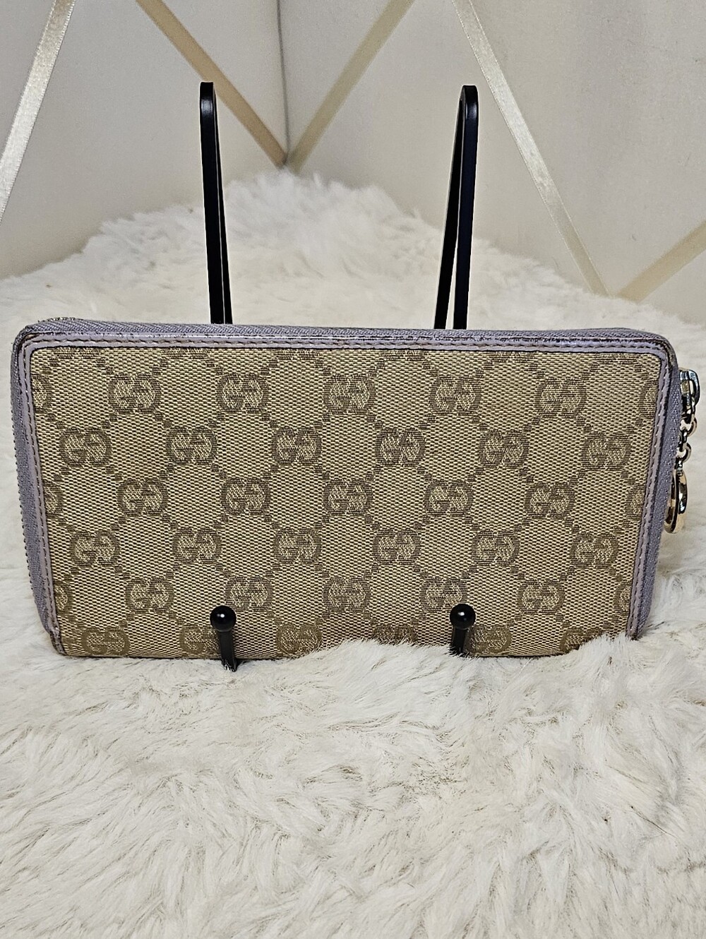 Gucci Beige Monogram Zip-Around Wallet with Lavender Trim